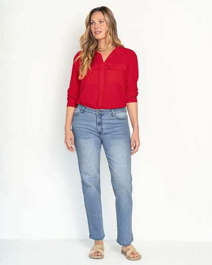 Camisa manga larga con perilla y bolsillos funcionales#color_340-rojo