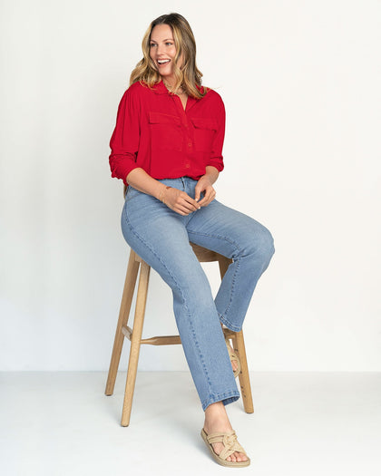 Camisa manga larga con perilla y bolsillos funcionales#color_340-rojo