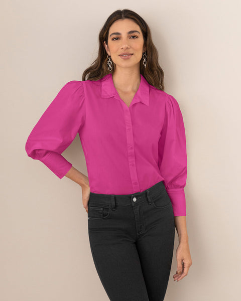 Blusa manga 3/4 con perilla funcional y recogido en hombros#color_399-fucsia