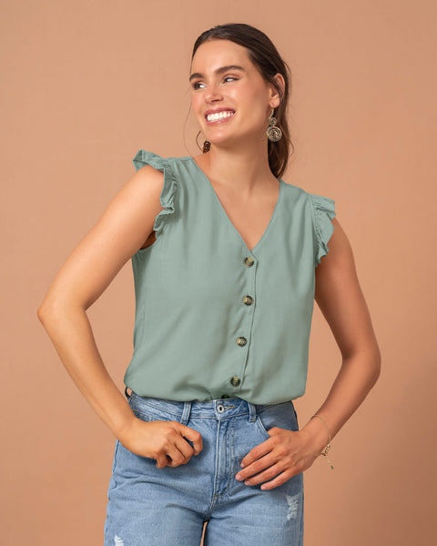 Blusa manga sisa con perilla funcional y detalle de bolero en hombros#color_254-verde