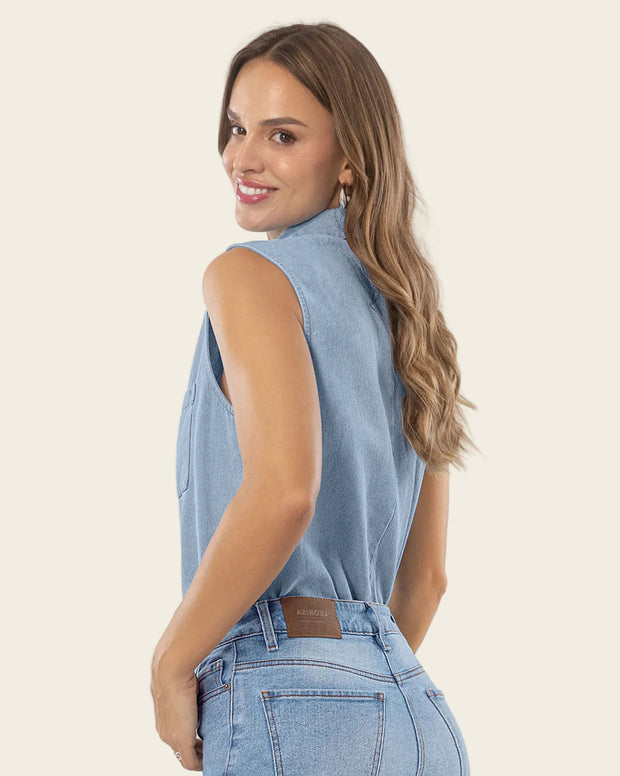 Blusa manga sisa cuello de camisero en denim liviano