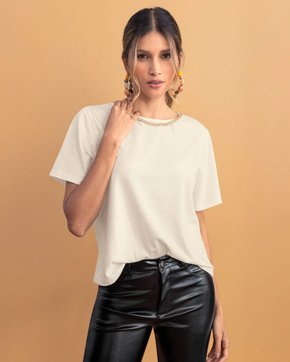 Camiseta manga corta con detalle de cadena en cuello#color_000-blanco