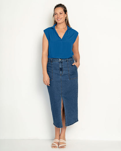 Blusa manga sisa cuello camisero en V#color_055-azul