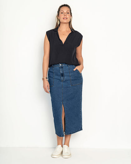 Blusa manga sisa cuello camisero en V#color_700-negro