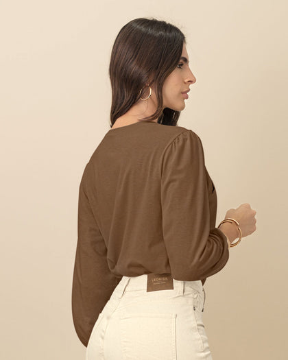 Camiseta manga 3/4 con aplique bordado#color_640-cafe