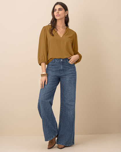 Blusa manga 3/4 con elástico en puños#color_847-mostaza