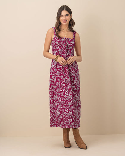 Vestido largo estampado de escote cuadrado#color_145-vino-estampado-blanco