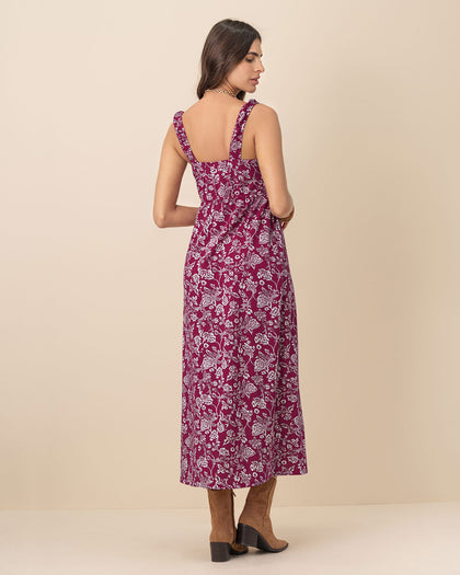 Vestido largo estampado de escote cuadrado#color_145-vino-estampado-blanco