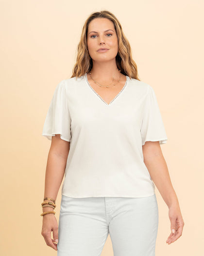 Camiseta manga corta de cuello en Vcon detalle en borde#color_018-marfil