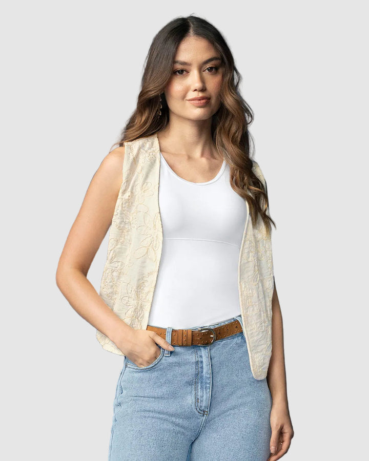 Chaleco manga sisa abierto en tela bordada