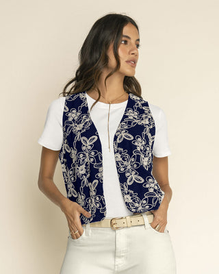 Chaleco manga sisa abierto en tela bordada#color_c42-azul-oscuro