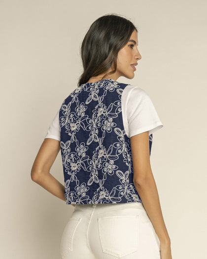 Chaleco manga sisa abierto en tela bordada#color_c42-azul-oscuro