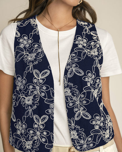 Chaleco manga sisa abierto en tela bordada#color_c42-azul-oscuro