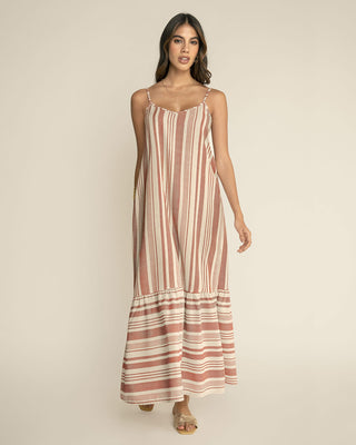 Vestido largo estampado de tiritas con bolero en ruedo#color_146-rayas