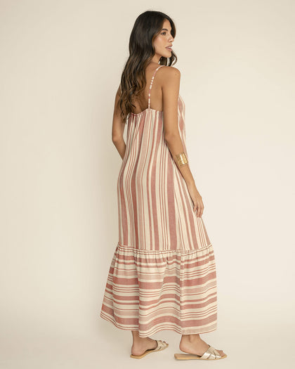 Vestido largo estampado de tiritas con bolero en ruedo#color_146-rayas