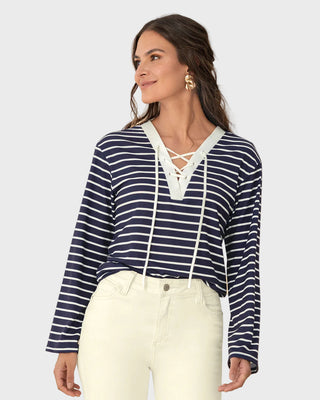 Camiseta manga larga con escote en V y tiras decorativas#color_034-raya-azul