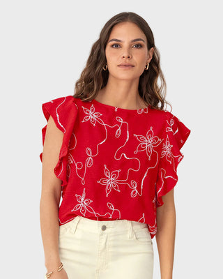 Blusa en tela bordada con bolero en mangas#color_302-rojo