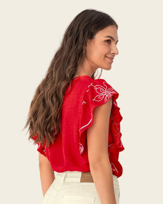 Blusa en tela bordada con bolero en mangas#color_302-rojo
