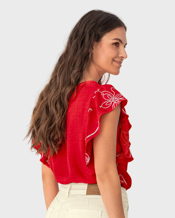 Blusa en tela bordada con bolero en mangas#color_302-rojo