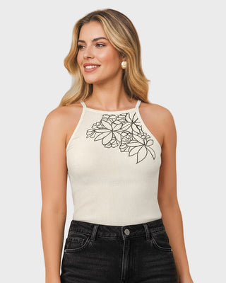 Camiseta cuello halter de tiritas con aplique bordado#color_018-marfil