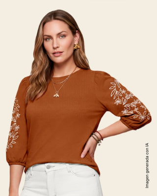 Camiseta 3/4 con relieve floral en mangas#color_c22-cafe