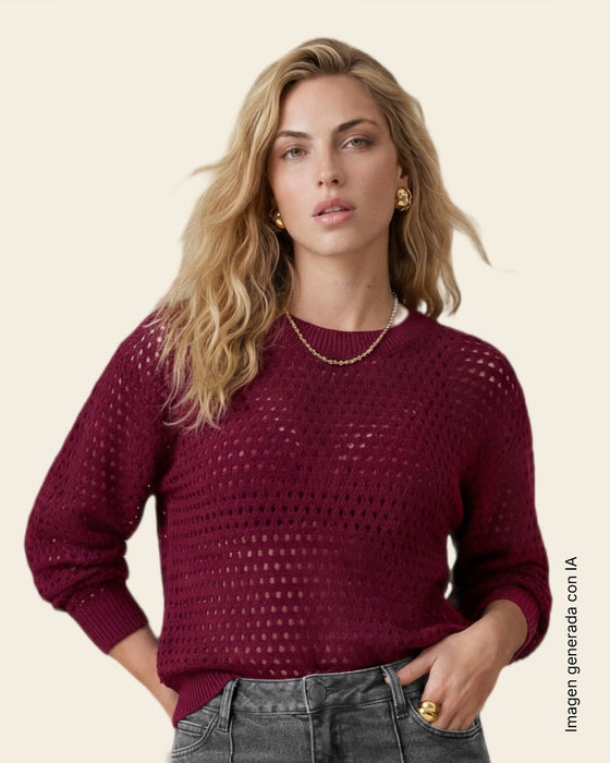 Sudadera con tejido abierto de cuello redondo#color_c34-vino