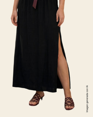 Vestido largo con cintura marcada y bordados en escote#color_700-negro