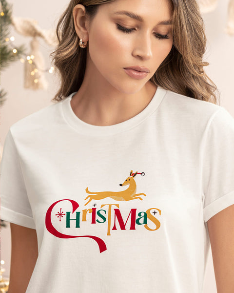 Camiseta manga corta de pijama para mujer con estampado de navidad#color_395-marfil-navidad