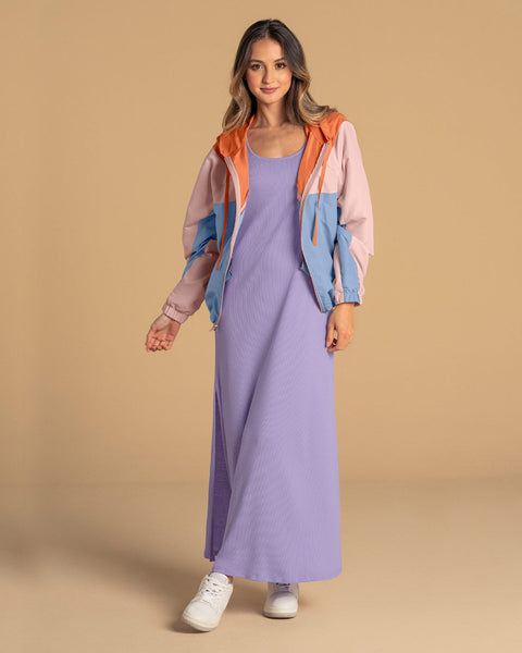 Vestido largo manga sisa con apertura en costado#color_424-lila