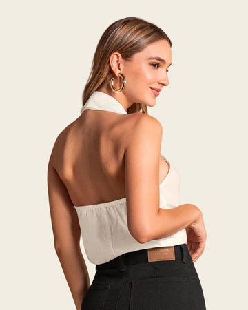 Blusa manga sisa cuello tipo halter con solapa#color_018-marfil