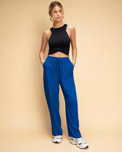 Pantalón exterior bota recta con elástico y tira anudable en cintura#color_052-azul