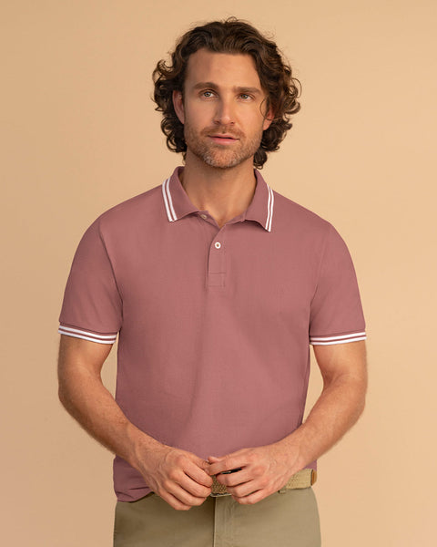 Camiseta tipo polo con cuello y mangas tejidas#color_307-guayaba