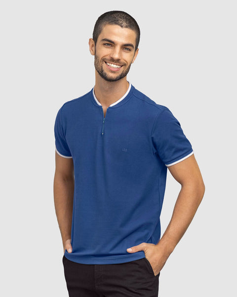 Camiseta cuello henley con cierre en frente#color_517-azul