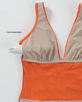 Traje de baño de compresión suave con copas removibles y abdomen en tul#color_205-naranja
