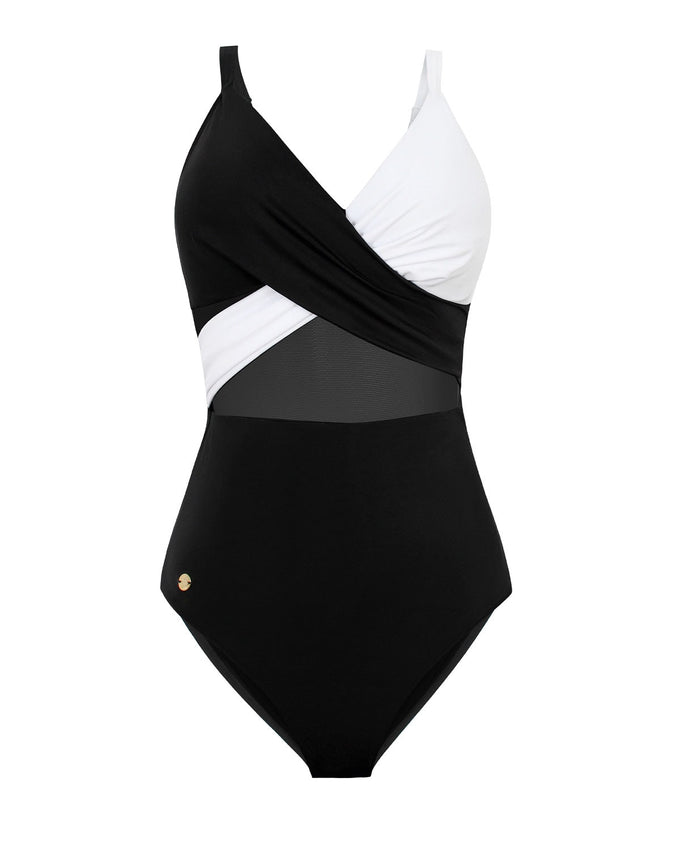 Traje de baño entero compresión suave de abdomen elaborado con nylon reciclado#color_701-negro-blanco